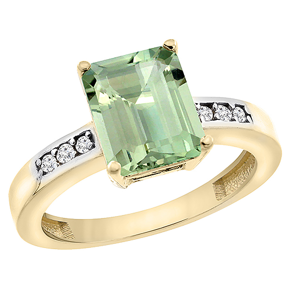 10K Yellow Gold Genuine Green Amethyst Octagon 9x7 mm with Diamond Accents sizes 5 - 10