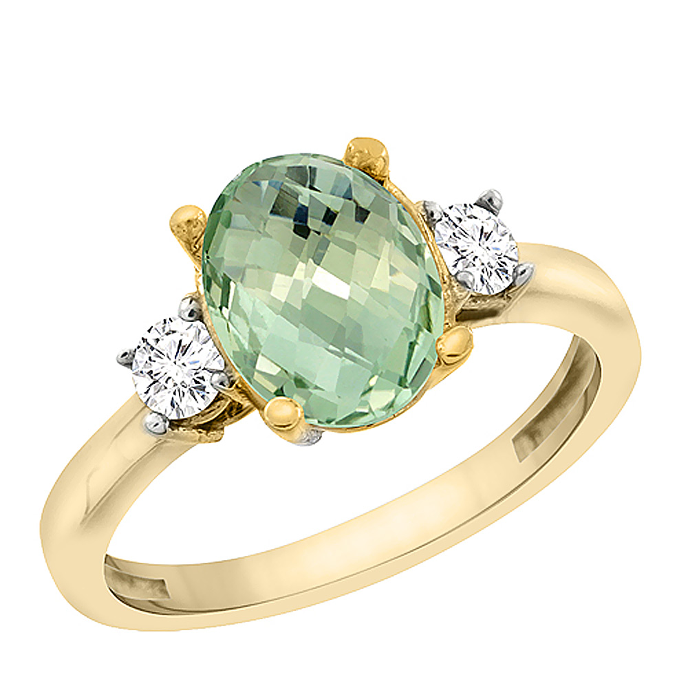 10K Yellow Gold Genuine Green Amethyst Engagement Ring Oval 10x8 mm Diamond Sides sizes 5 - 10