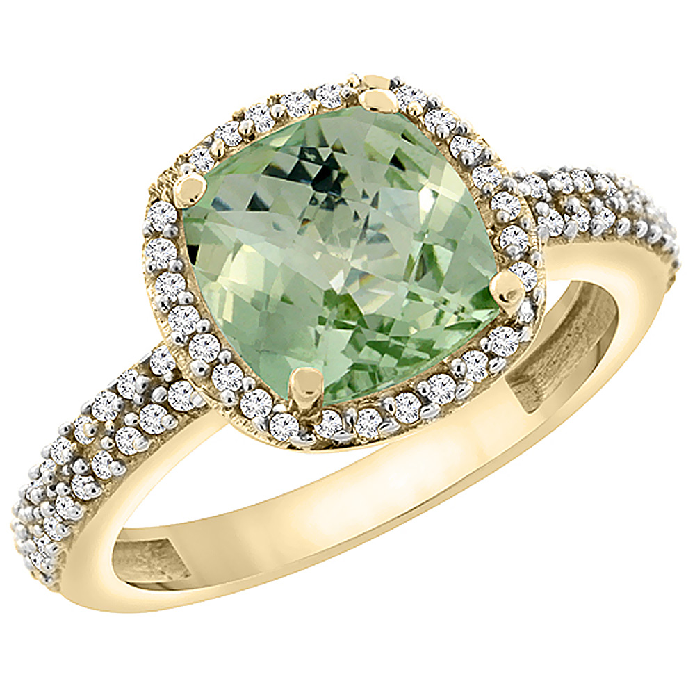 14K Yellow Gold Natural Green Amethyst Cushion 8x8 mm with Diamond Accents, sizes 5 - 10