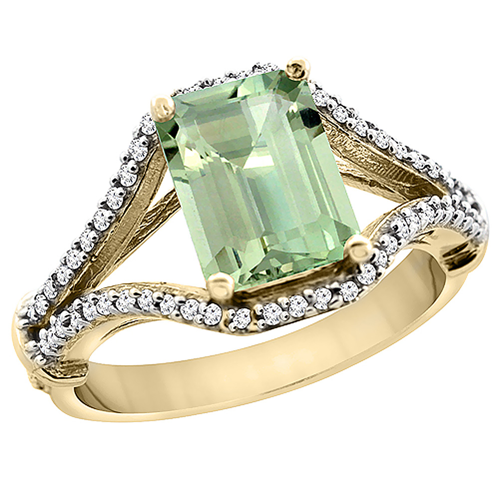 10K Yellow Gold Genuine Green Amethyst Ring Octagon 8x6 mm with Diamond Accents sizes 5 - 10
