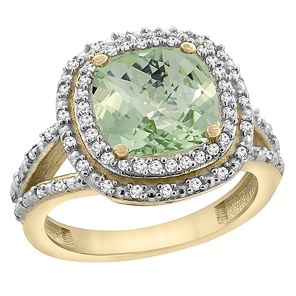 14K Yellow Gold Natural Green Amethyst Ring Cushion 8x8 mm with Diamond Accents, sizes 5 - 10