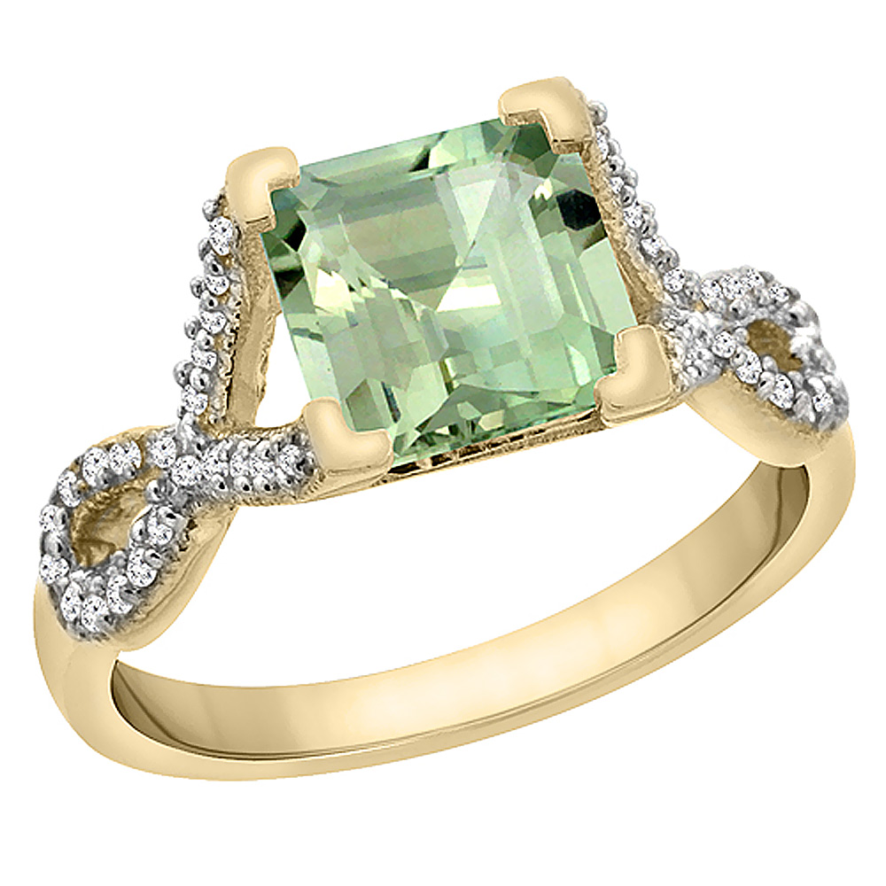 14K Yellow Gold Natural Green Amethyst Ring Square 7x7 mm Diamond Accents, sizes 5 to 10