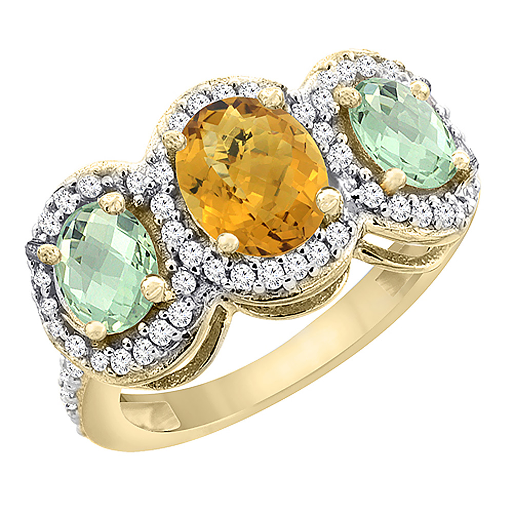 14K Yellow Gold Natural Whisky Quartz & Green Amethyst 3-Stone Ring Oval Diamond Accent, sizes 5 - 10