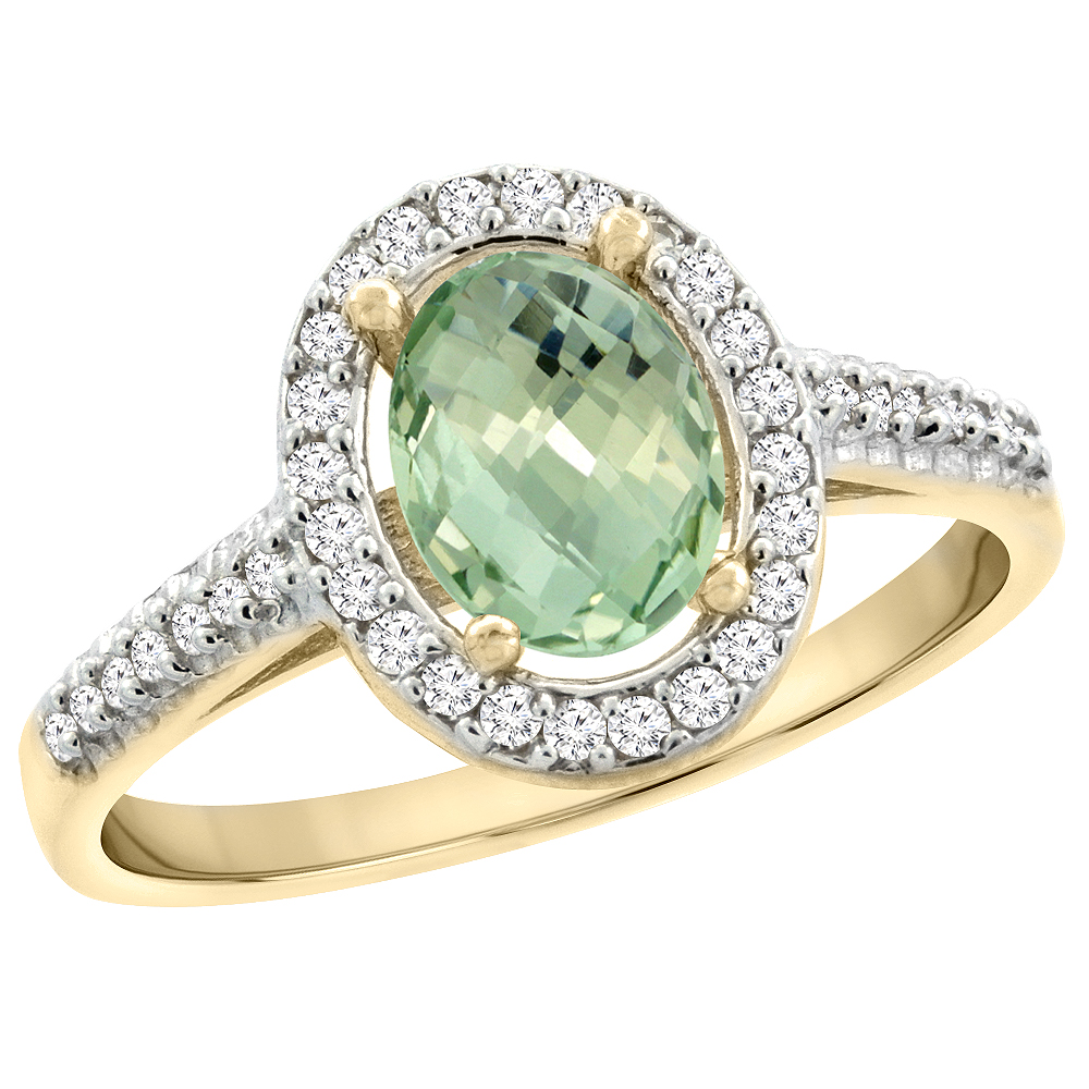 14K Yellow Gold Natural Green Amethyst Engagement Ring Oval 7x5 mm Diamond Halo, sizes 5 - 10