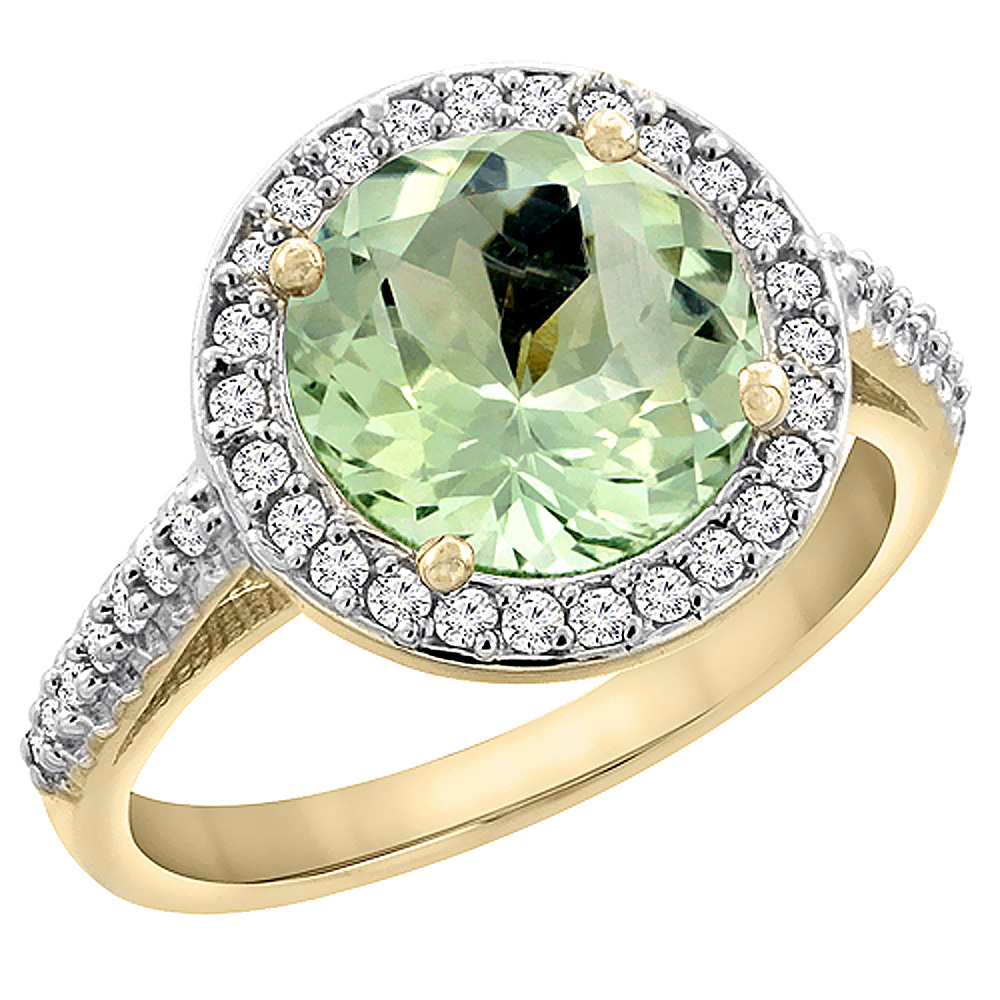 14K Yellow Gold Natural Green Amethyst Ring Round 8mm Diamond Halo, sizes 5 to 10