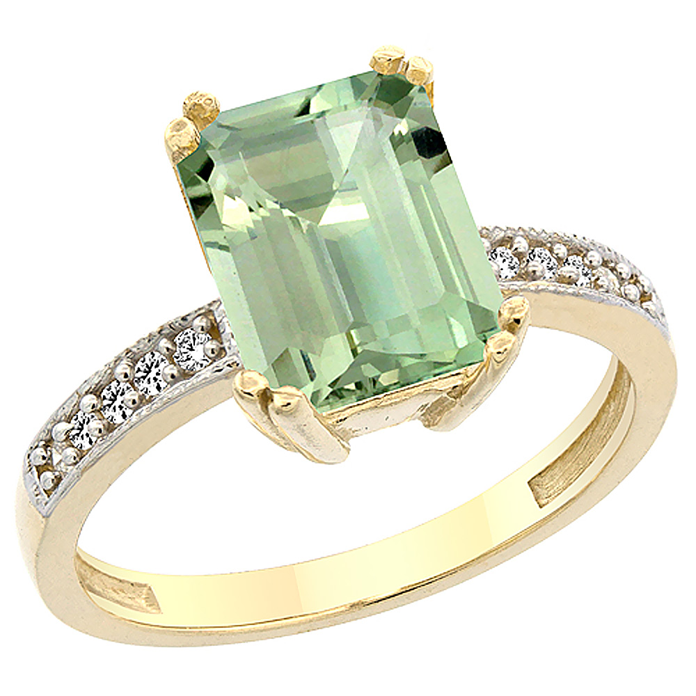 14K Yellow Gold Natural Green Amethyst Ring Octagon 10x8mm Diamond Accent, sizes 5 to 10