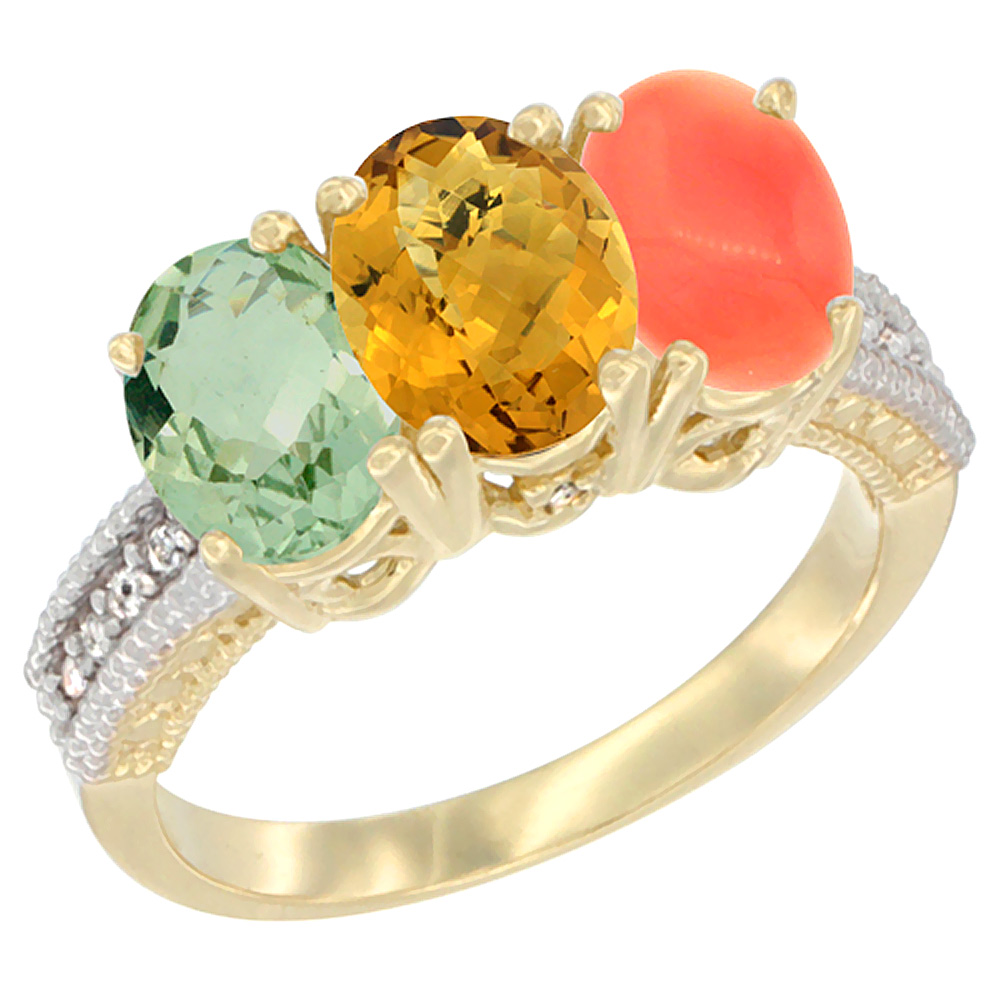 10K Yellow Gold Diamond Natural Green Amethyst, Whisky Quartz &amp; Coral Ring 3-Stone Oval 7x5 mm, sizes 5 - 10
