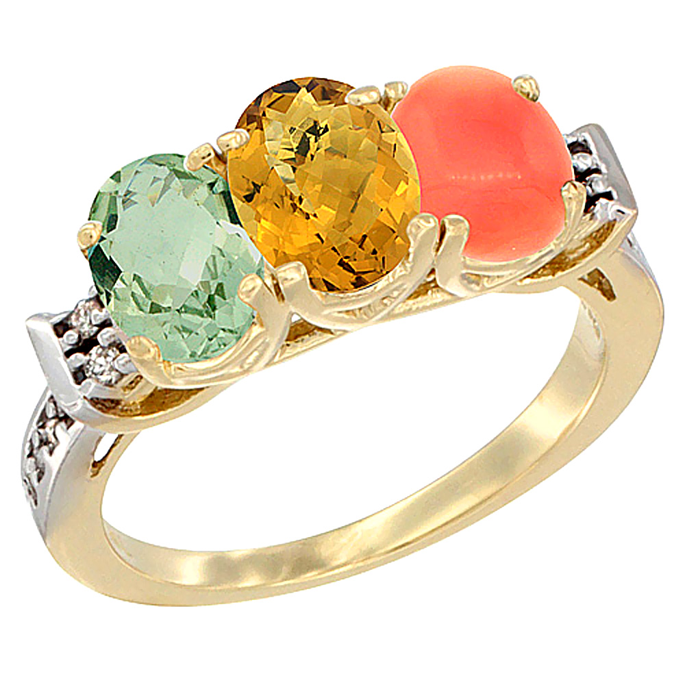 10K Yellow Gold Natural Green Amethyst, Whisky Quartz & Coral Ring 3-Stone Oval 7x5 mm Diamond Accent, sizes 5 - 10