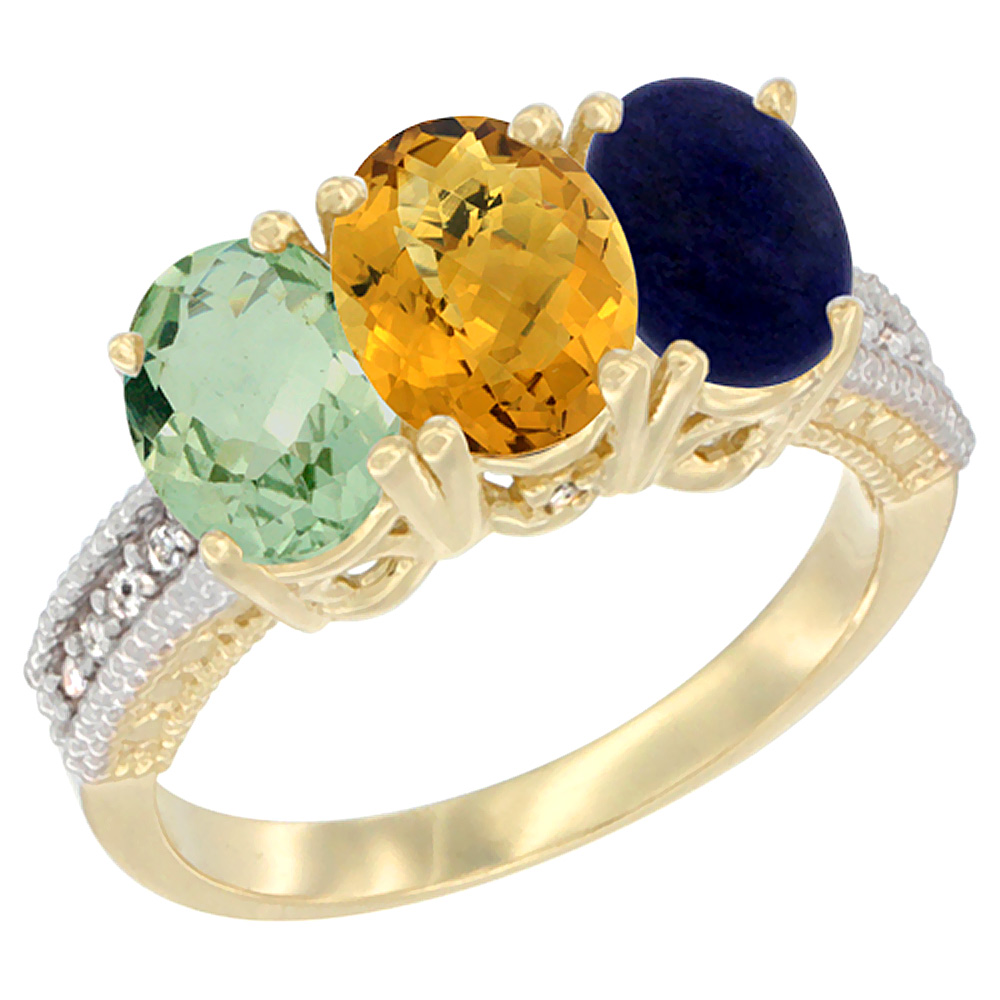 14K Yellow Gold Natural Green Amethyst, Whisky Quartz & Lapis Ring 3-Stone 7x5 mm Oval Diamond Accent, sizes 5 - 10