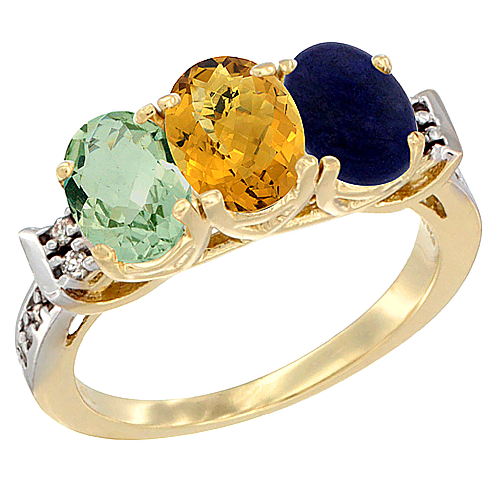 10K Yellow Gold Natural Green Amethyst, Whisky Quartz & Lapis Ring 3-Stone Oval 7x5 mm Diamond Accent, sizes 5 - 10