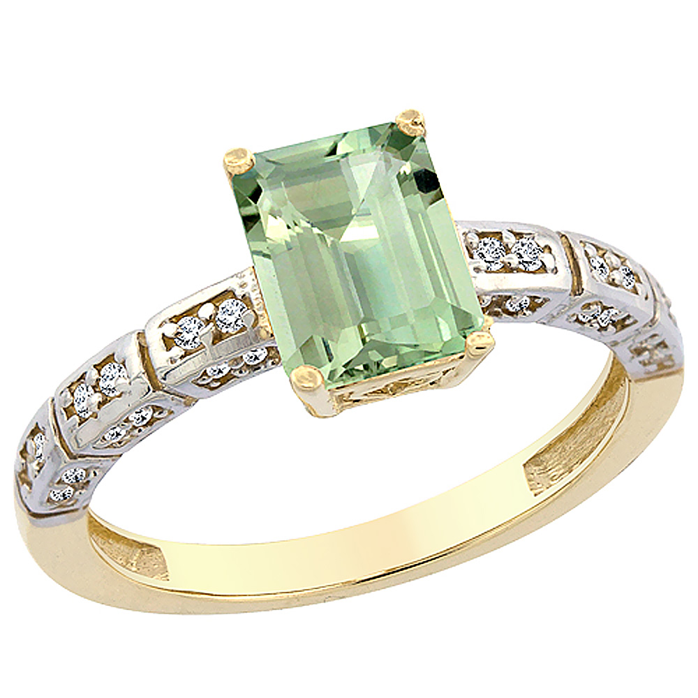 10K Yellow Gold Genuine Green Amethyst Octagon 8x6 mm with Diamond Accents sizes 5 - 10