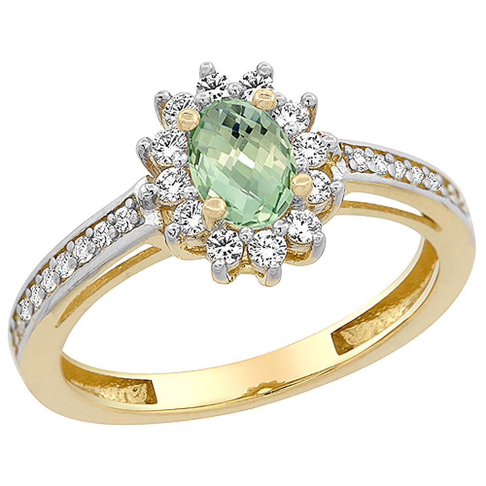 10K Yellow Gold Diamond Halo Genuine Green Amethyst Flower Ring Oval 6x4 mm Accents sizes 5 - 10