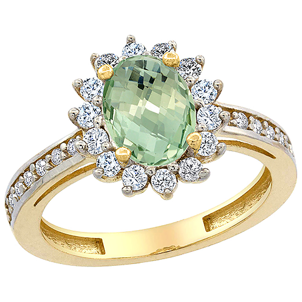 14K Yellow Gold Natural Green Amethyst Floral Halo Ring Oval 8x6mm Diamond Accents, sizes 5 - 10