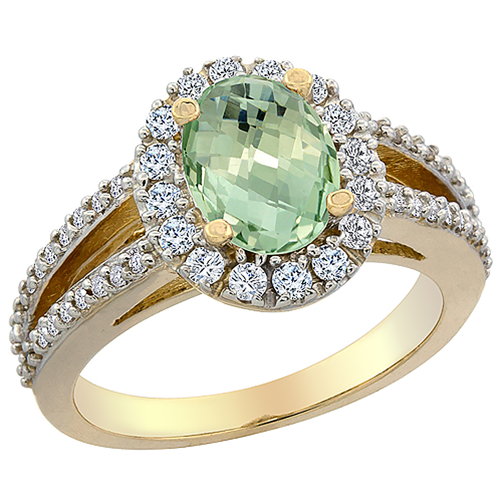 14K Yellow Gold Natural Green Amethyst Halo Ring Oval 8x6 mm with Diamond Accents, sizes 5 - 10