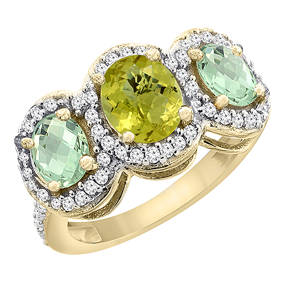 10K Yellow Gold Natural Lemon Quartz & Green Amethyst 3-Stone Ring Oval Diamond Accent, sizes 5 - 10