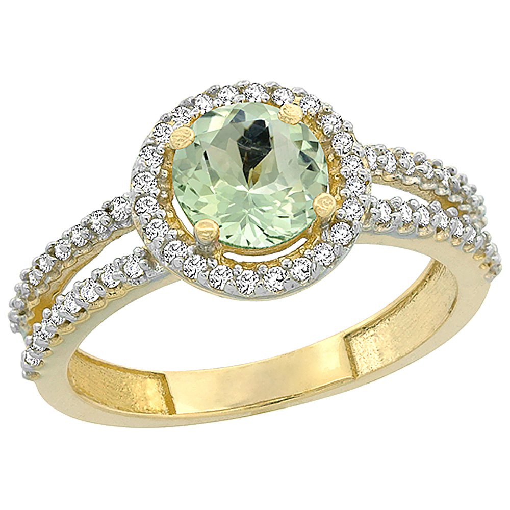 14K Yellow Gold Natural Green Amethyst Diamond Halo Ring Round 6mm, sizes 5 - 10