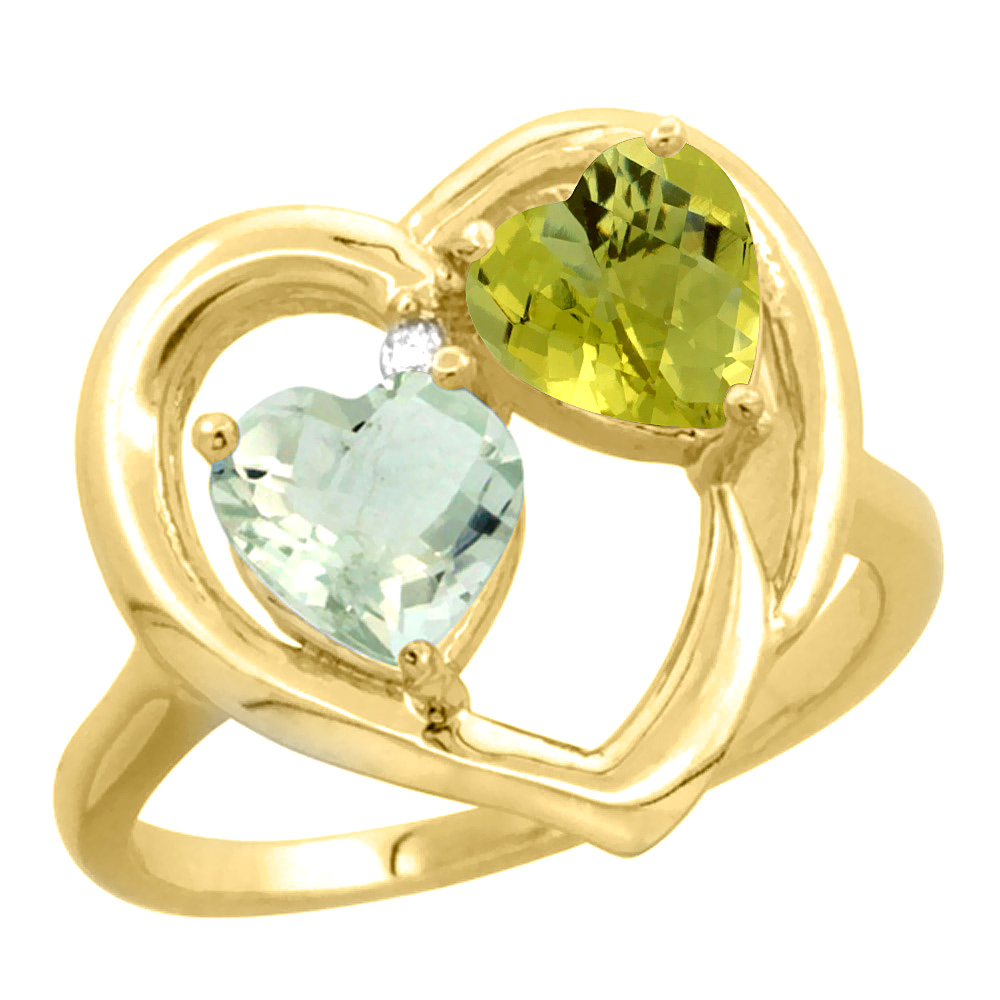 10K Yellow Gold Diamond Two-stone Heart Ring 6mm Natural Green Amethyst & Lemon Quartz, sizes 5-10