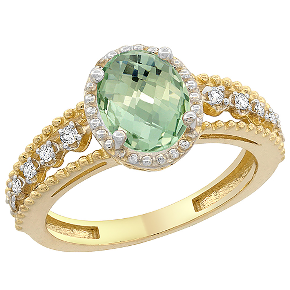 14K Yellow Gold Natural Green Amethyst Ring Oval 9x7 mm Floating Diamond Accents, sizes 5 - 10