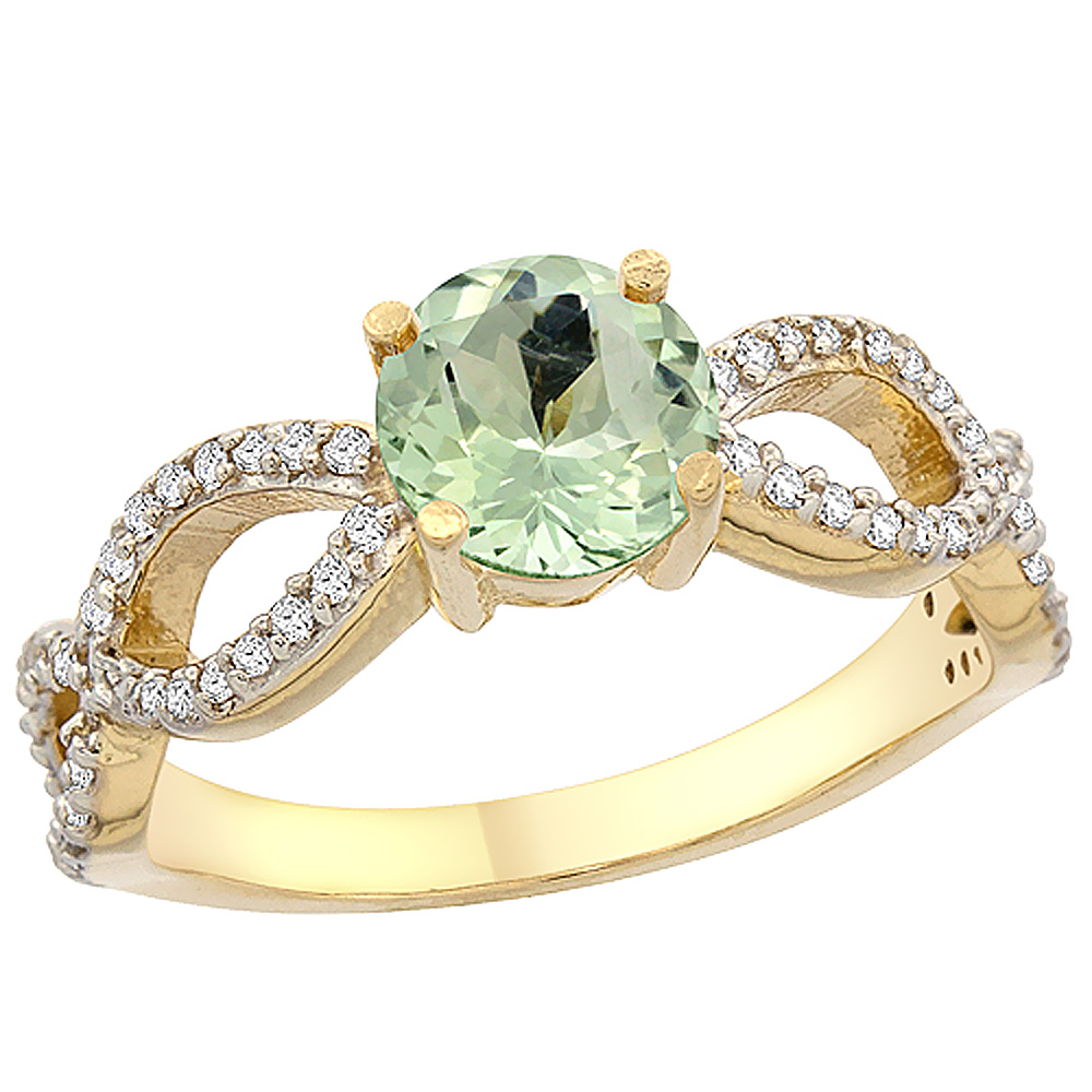 14K Yellow Gold Natural Green Amethyst Ring Round 6mm Infinity Diamond Accents, sizes 5 - 10