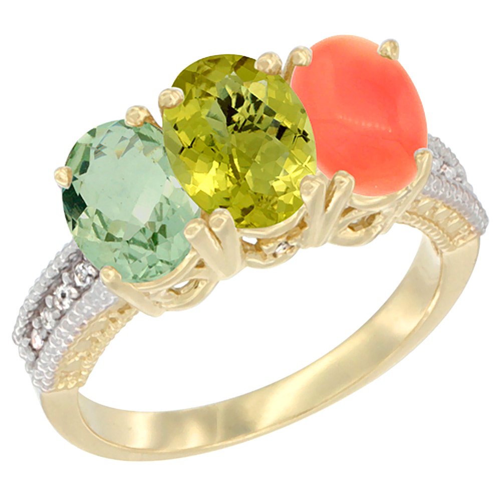 10K Yellow Gold Diamond Natural Green Amethyst, Lemon Quartz &amp; Coral Ring 3-Stone Oval 7x5 mm, sizes 5 - 10