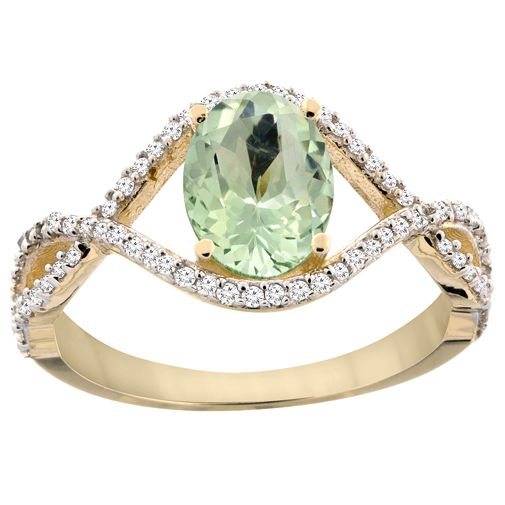 14K Yellow Gold Natural Green Amethyst Ring Oval 8x6 mm Infinity Diamond Accents, sizes 5 - 10