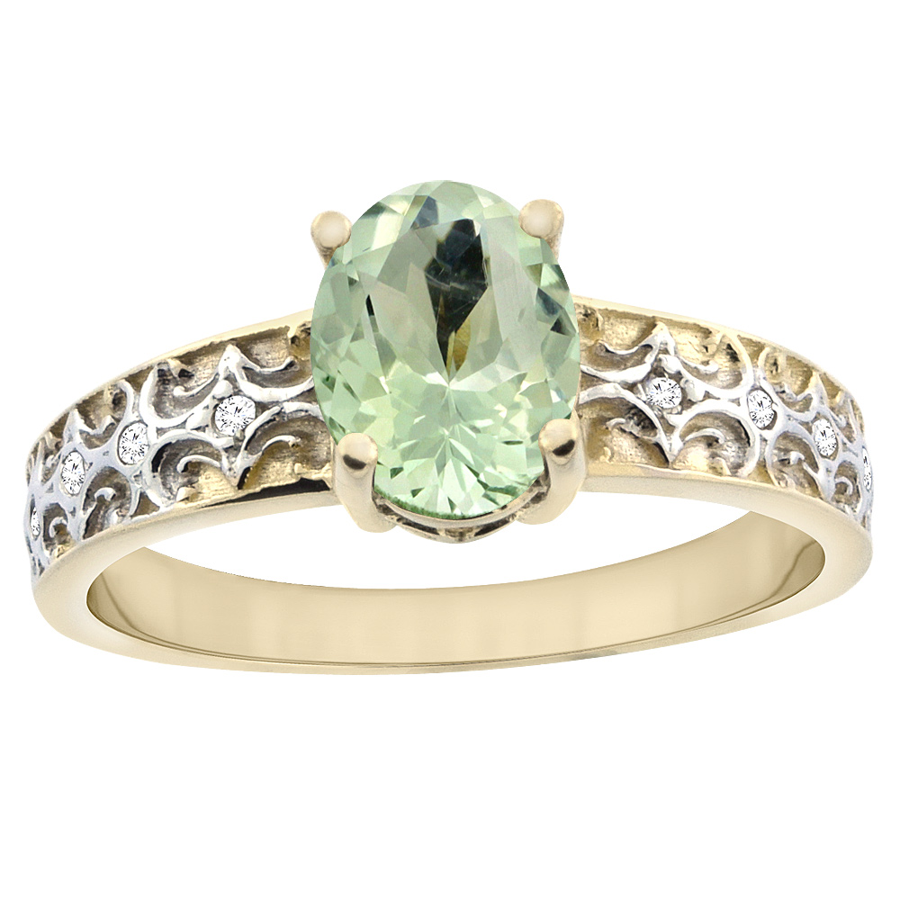 14K Yellow Gold Natural Green Amethyst Ring Oval 8x6 mm Diamond Accents, sizes 5 - 10