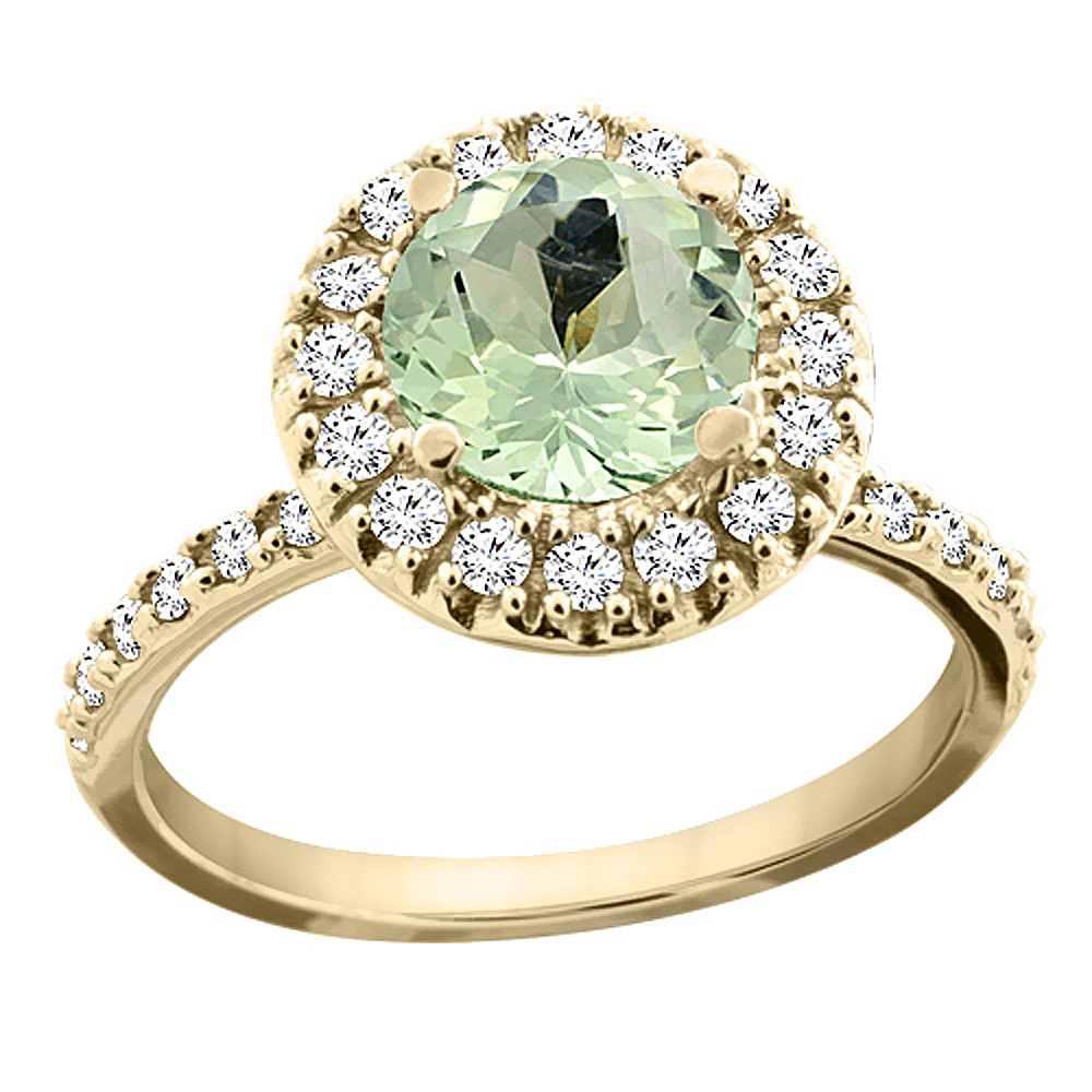 14K Yellow Gold Natural Green Amethyst Ring Round 8mm Floating Halo Diamond, sizes 5 - 10