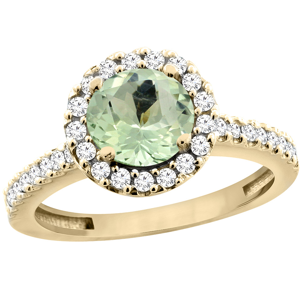 14K Yellow Gold Natural Green Amethyst Ring Round 6mm Floating Halo Diamond, sizes 5 - 10