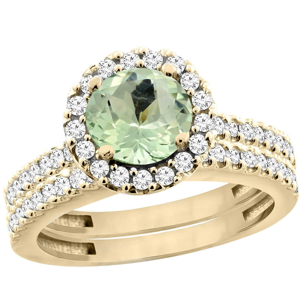 14K Yellow Gold Natural Green Amethyst Round 6mm 2-Piece Engagement Ring Set Floating Halo Diamond, sizes 5 - 10