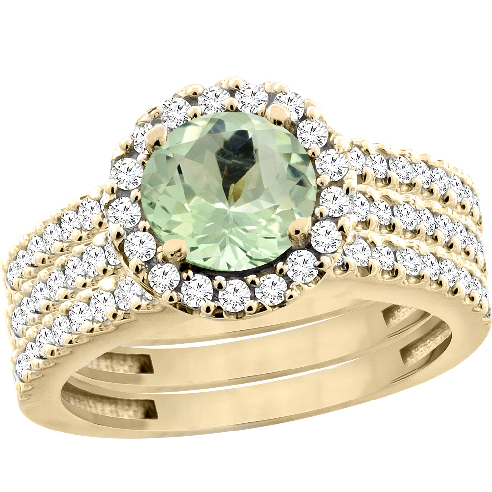 14K Yellow Gold Natural Green Amethyst 3-Piece Bridal Ring Set Round 6mm Halo Diamond, sizes 5 - 10