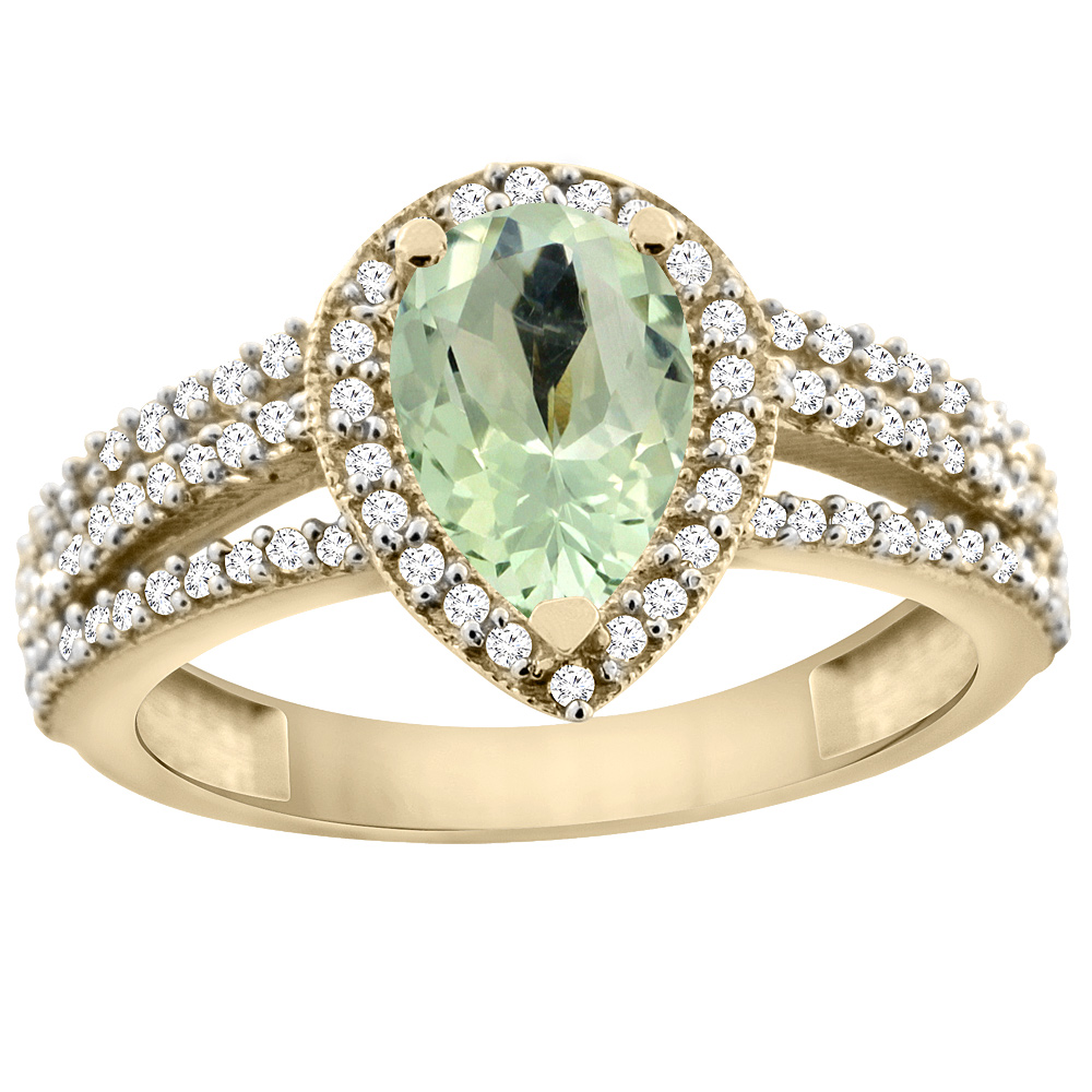 10K Yellow Gold Diamond Halo Genuine Green Amethyst Ring 9x7 Pear sizes 5 - 10