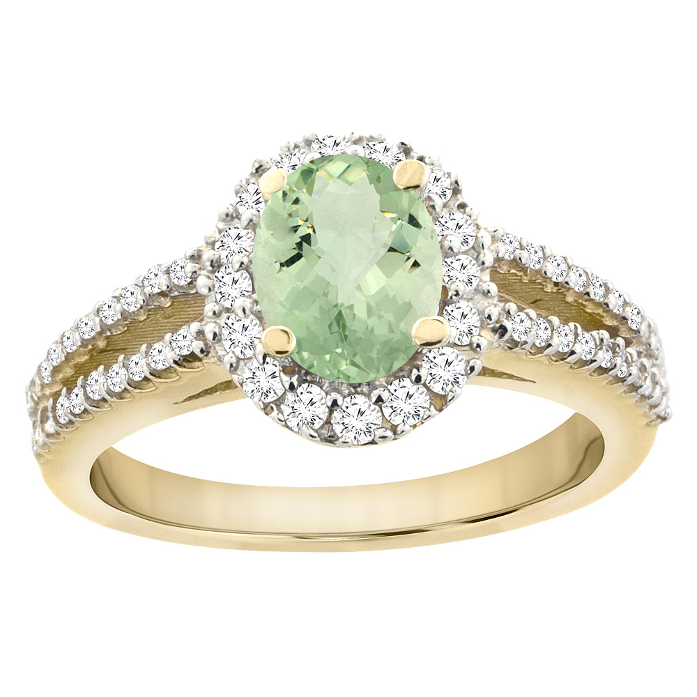 10K Yellow Gold Diamond Halo Genuine Green Amethyst Split Shank Engagement Ring Oval 7x5 mm sizes 5 - 10