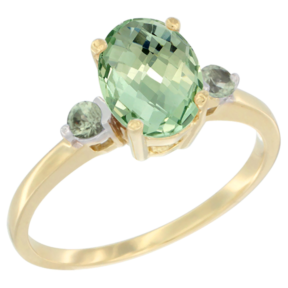 10K Yellow Gold Natural Green Amethyst Ring Oval 9x7 mm Green Sapphire Accent, sizes 5 to 10