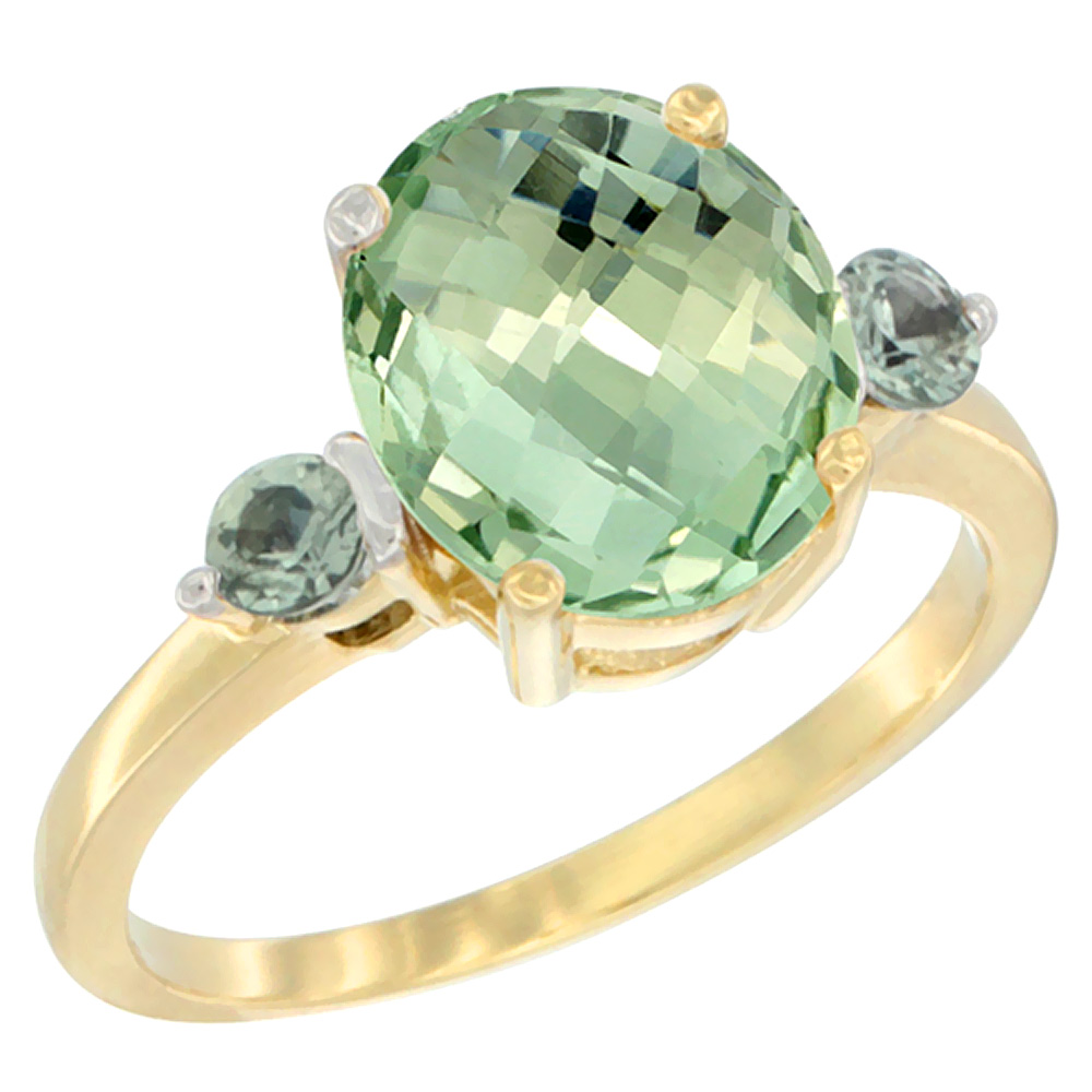 10K Yellow Gold 10x8mm Oval Natural Green Amethyst Ring for Women Green Sapphire Side-stones sizes 5 - 10