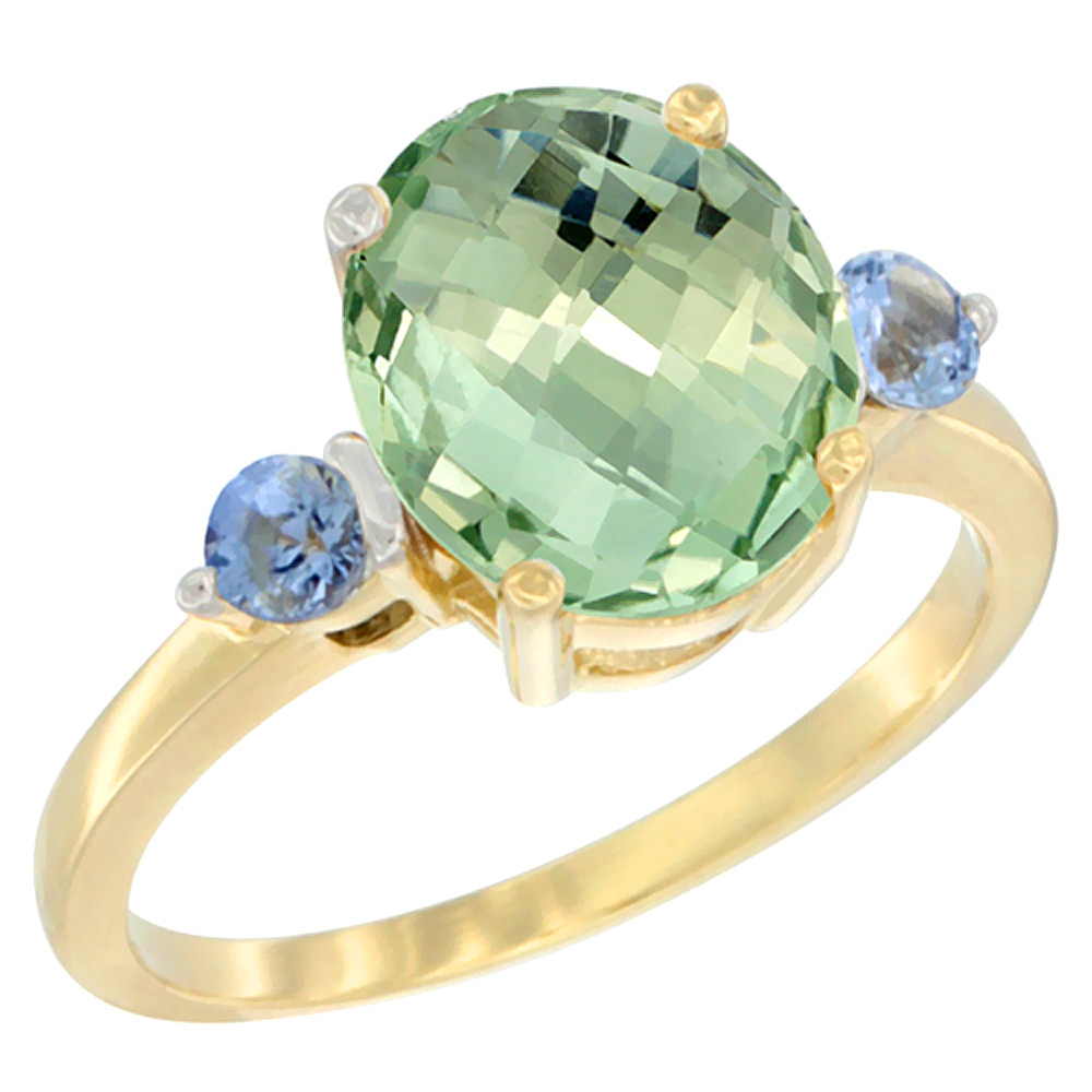 14K Yellow Gold 10x8mm Oval Natural Green Amethyst Ring for Women Light Blue Sapphire Side-stones sizes 5 - 10