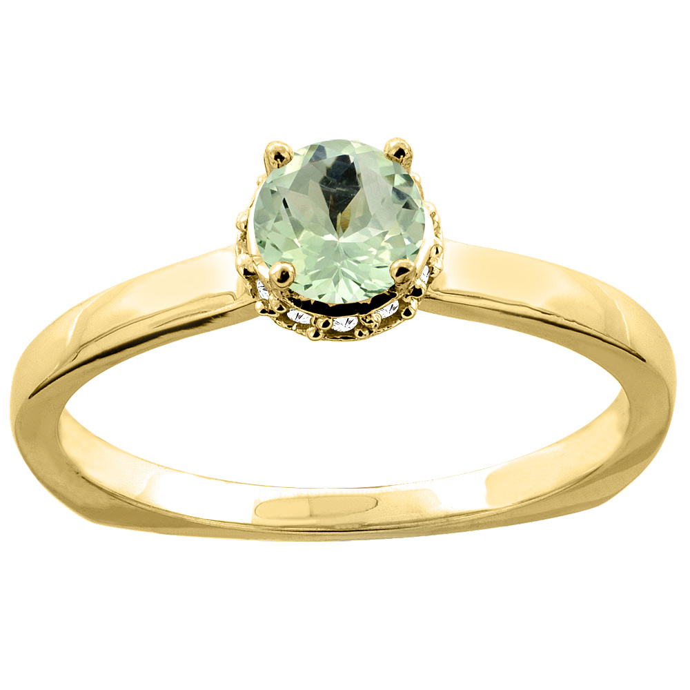 10K Yellow Gold Genuine Green Amethyst Solitaire Engagement Ring Round 4mm Diamond Accents size 6.5