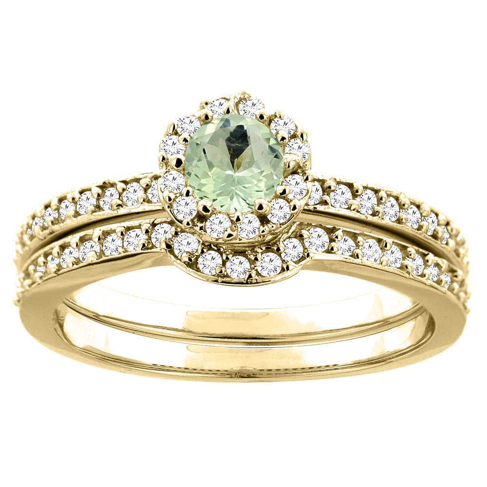 10K Yellow Gold Natural Green Amethyst 2-pc Bridal Ring Set Diamond Accent Round 4mm, sizes 5 - 10