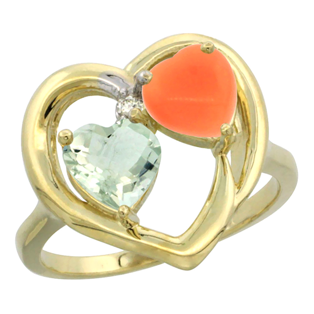 14K Yellow Gold Diamond Two-stone Heart Ring 6mm Natural Green Amethyst &amp; Coral, sizes 5-10