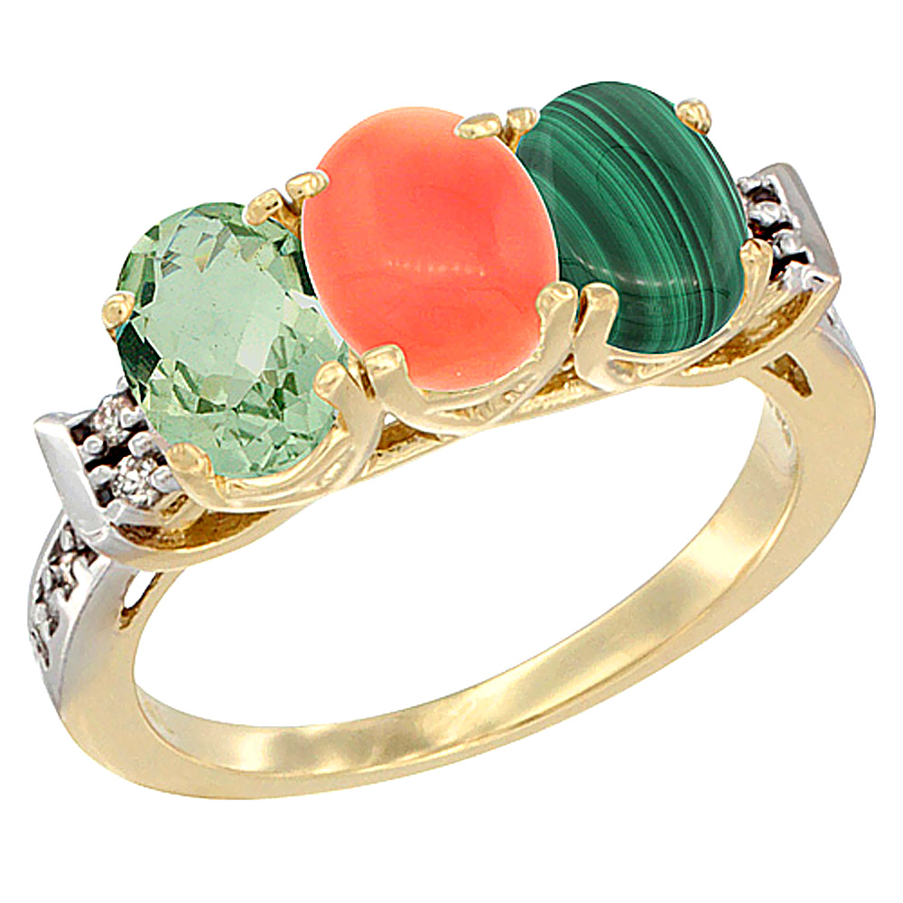 14K Yellow Gold Natural Green Amethyst, Coral & Malachite Ring 3-Stone 7x5 mm Oval Diamond Accent, sizes 5 - 10