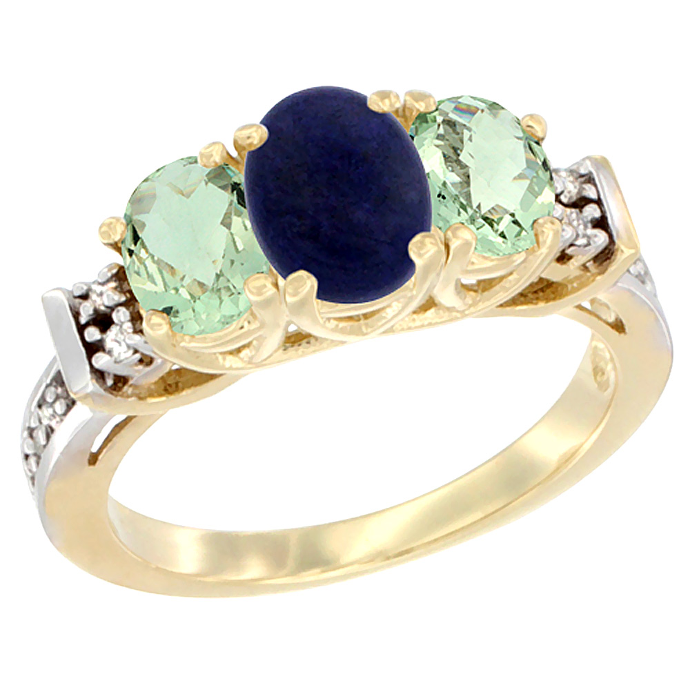 14K Yellow Gold Natural Lapis & Green Amethyst Ring 3-Stone Oval Diamond Accent