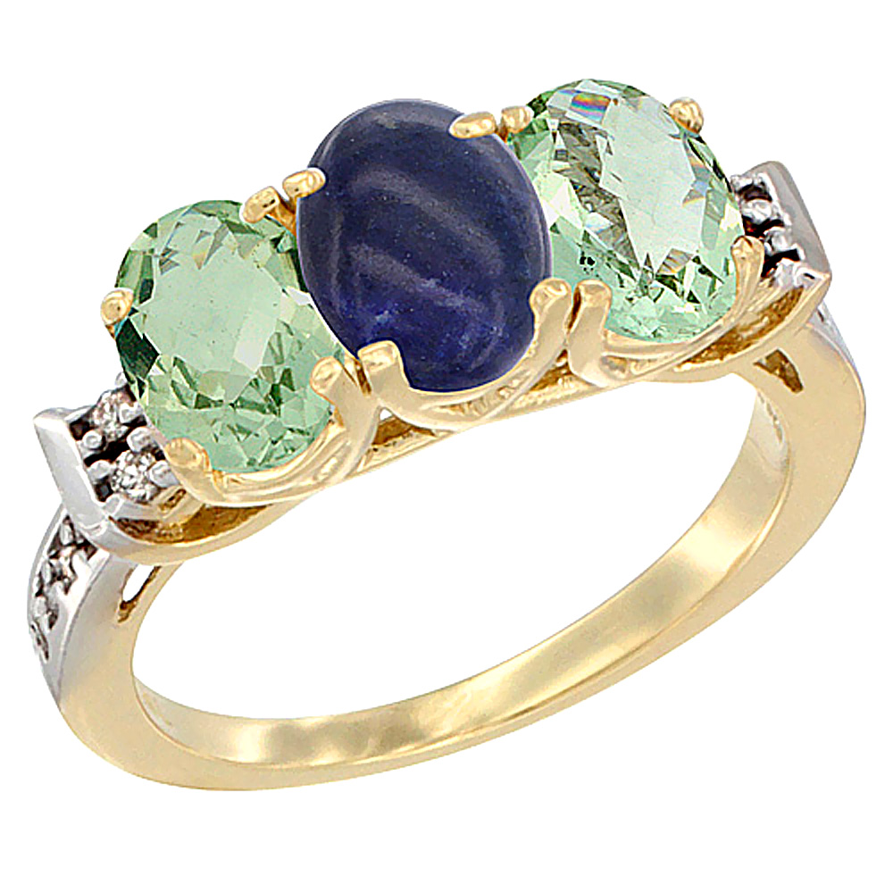 10K Yellow Gold Natural Lapis & Green Amethyst Sides Ring 3-Stone Oval 7x5 mm Diamond Accent, sizes 5 - 10