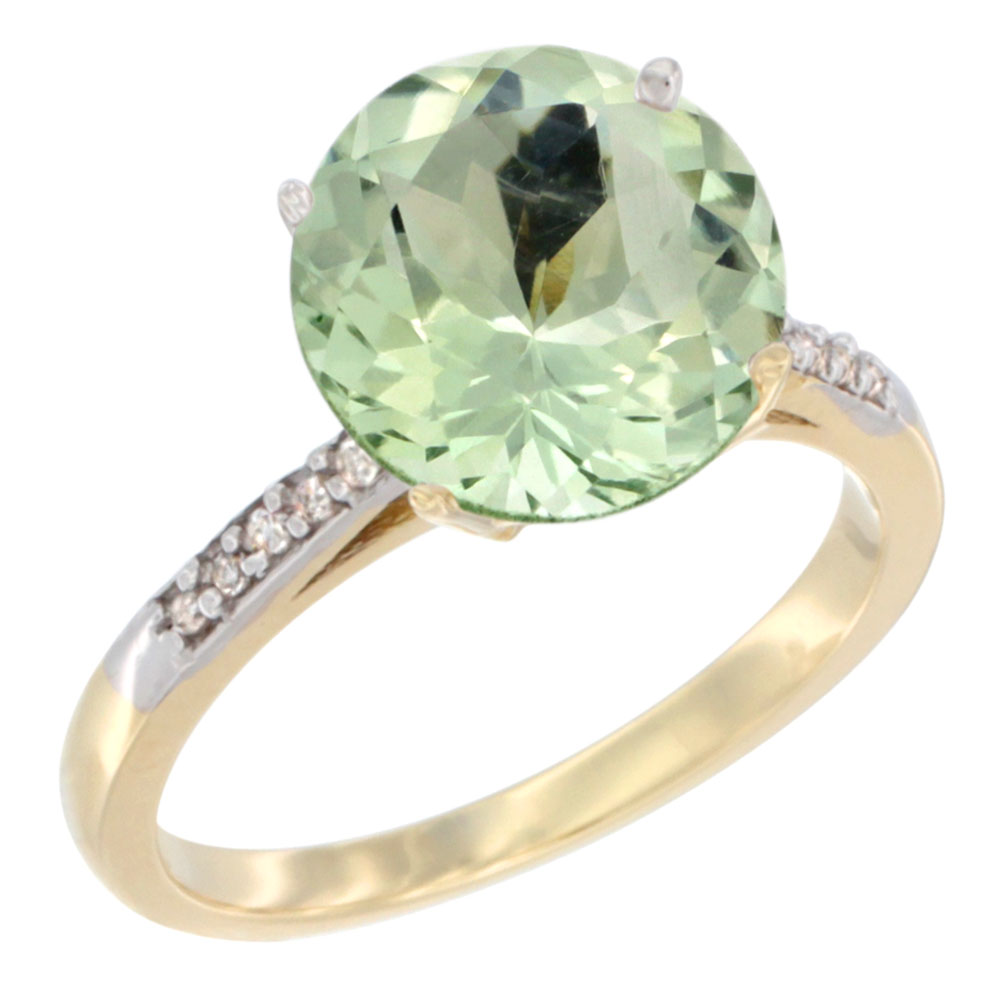 10K Yellow Gold Natural Green Amethyst Ring Round 10mm Diamond accent, sizes 5 - 10
