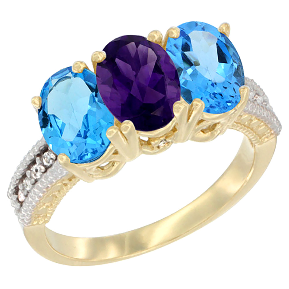 10K Yellow Gold Diamond Natural Amethyst & Swiss Blue Topaz Sides Ring 3-Stone Oval 7x5 mm, sizes 5 - 10
