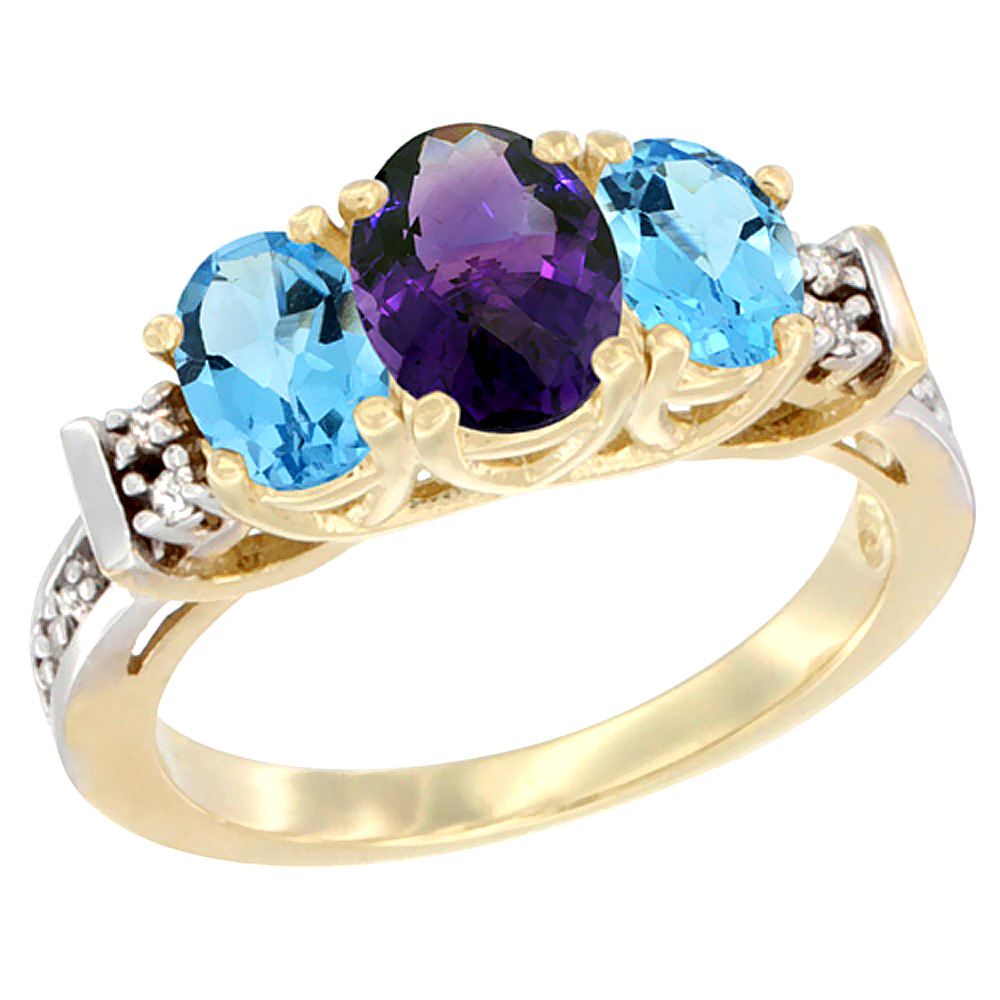 14K Yellow Gold Natural Amethyst &amp; Swiss Blue Topaz Ring 3-Stone Oval Diamond Accent
