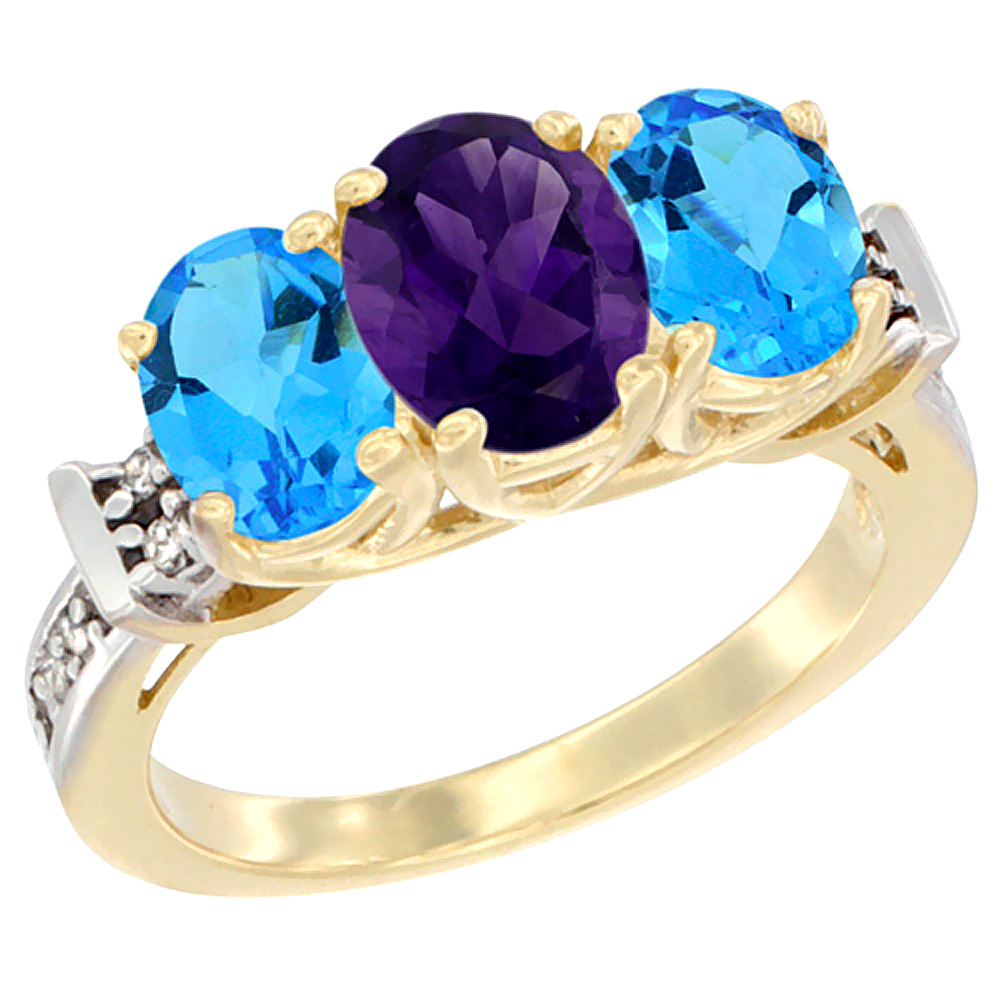 14K Yellow Gold Natural Amethyst &amp; Swiss Blue Topaz Sides Ring 3-Stone Oval Diamond Accent, sizes 5 - 10