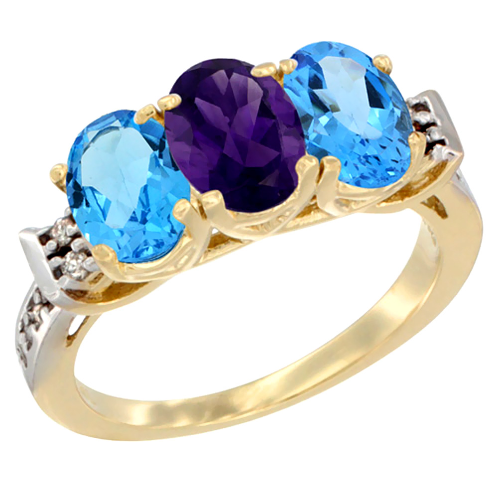 10K Yellow Gold Natural Amethyst &amp; Swiss Blue Topaz Sides Ring 3-Stone Oval 7x5 mm Diamond Accent, sizes 5 - 10