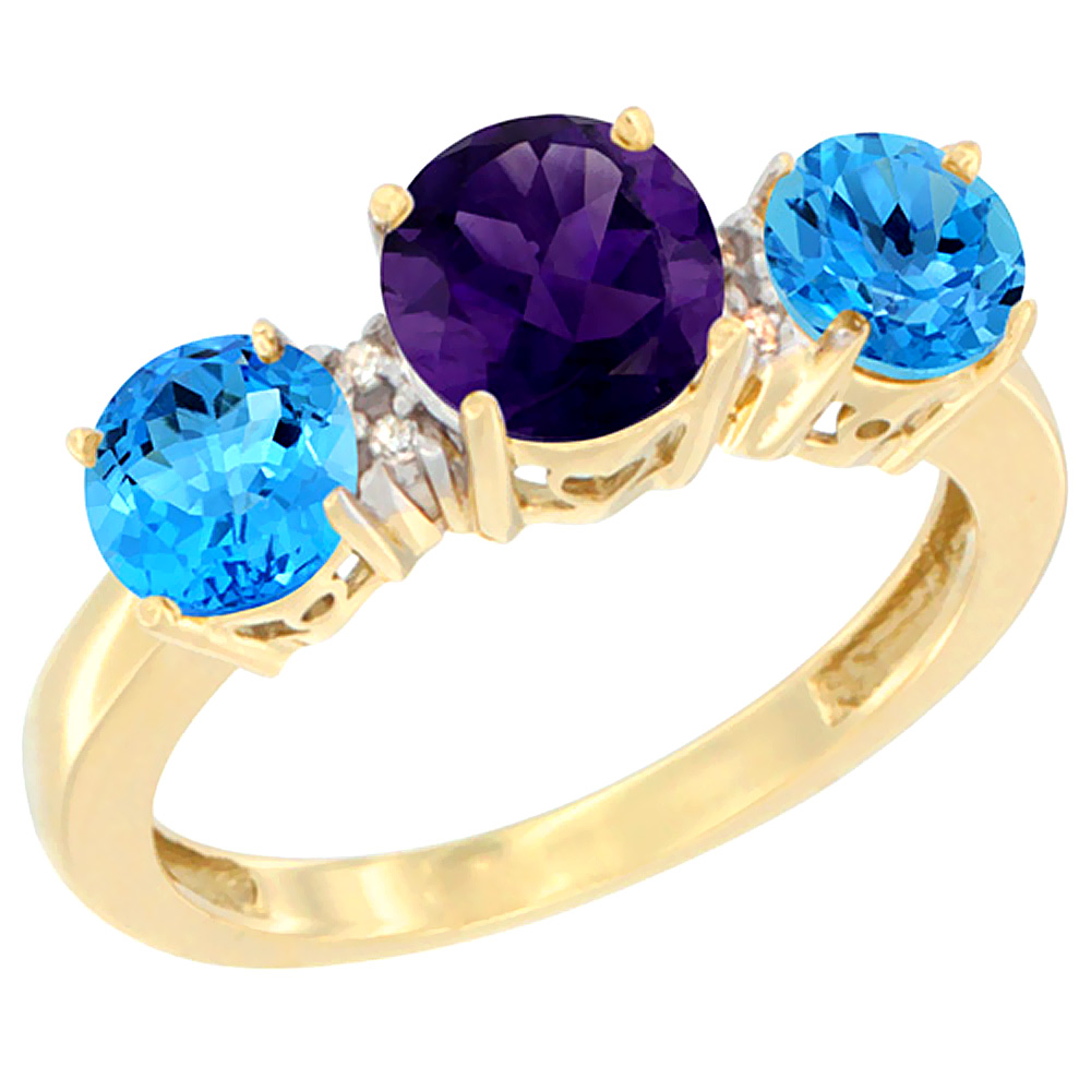 10K Yellow Gold Round 3-Stone Natural Amethyst Ring & Swiss Blue Topaz Sides Diamond Accent, sizes 5 - 10