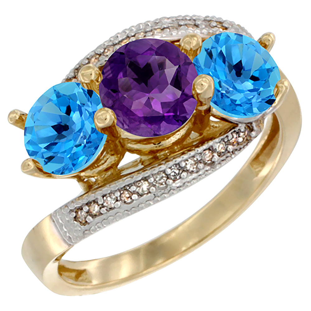 10K Yellow Gold Natural Amethyst & Swiss Blue Topaz Sides 3 stone Ring Round 6mm Diamond Accent, sizes 5 - 10