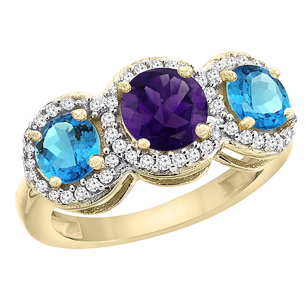 14K Yellow Gold Natural Amethyst &amp; Swiss Blue Topaz Sides Round 3-stone Ring Diamond Accents, sizes 5 - 10