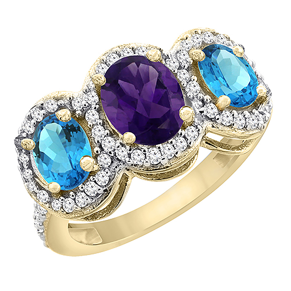 10K Yellow Gold Natural Amethyst &amp; Swiss Blue Topaz 3-Stone Ring Oval Diamond Accent, sizes 5 - 10